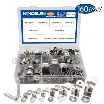 160PCS 304 Stainless Steel 8mm-32mm U Type Pipe Clamp Bracket Tube Strap Pipe Clip Clamp for Plumbing Pipe